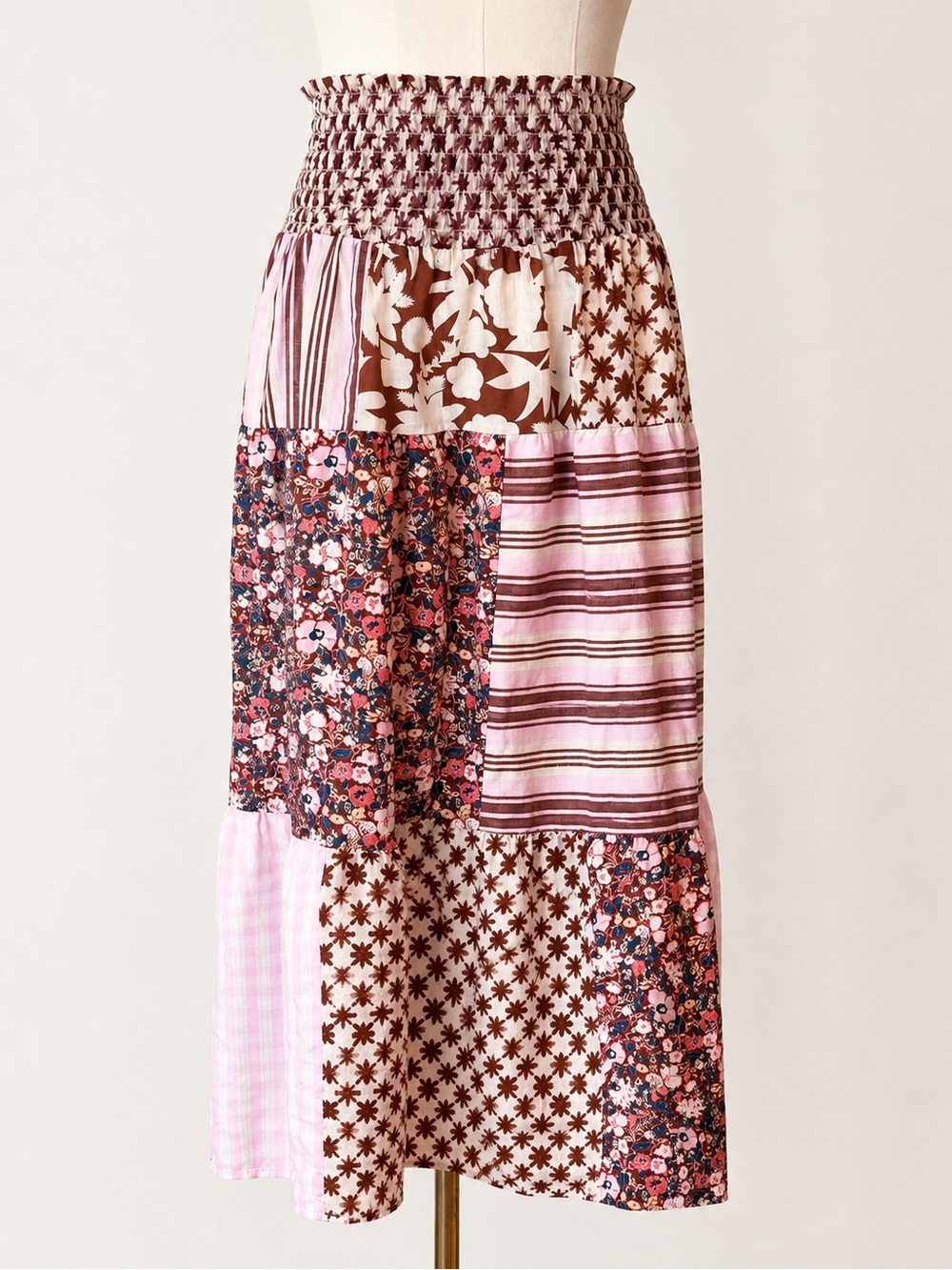 Universal Thread Size Small Patchwork Midi Skirt Smocked Waist Boho Cottagecore